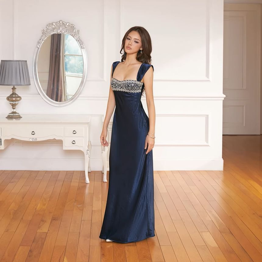 Sleeveless Square Neck Rhinestone Satin Maxi Bodycon Dress