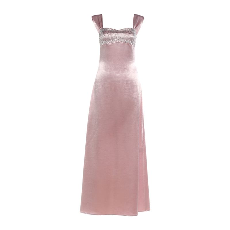 Sleeveless Square Neck Rhinestone Satin Maxi Bodycon Dress