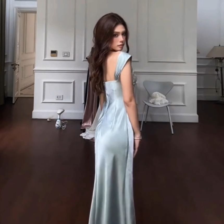 Sleeveless Square Neck Rhinestone Satin Maxi Bodycon Dress