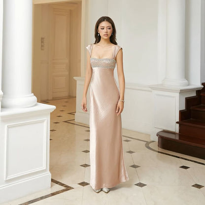 Sleeveless Square Neck Rhinestone Satin Maxi Bodycon Dress