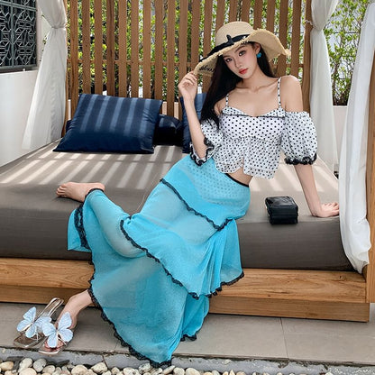 Set: Puff-Sleeve Tankini, Bikini Bottom, Lace Cover-Up