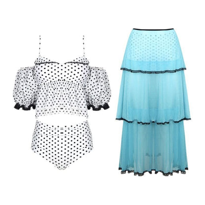 Set: Puff-Sleeve Tankini, Bikini Bottom, Lace Cover-Up