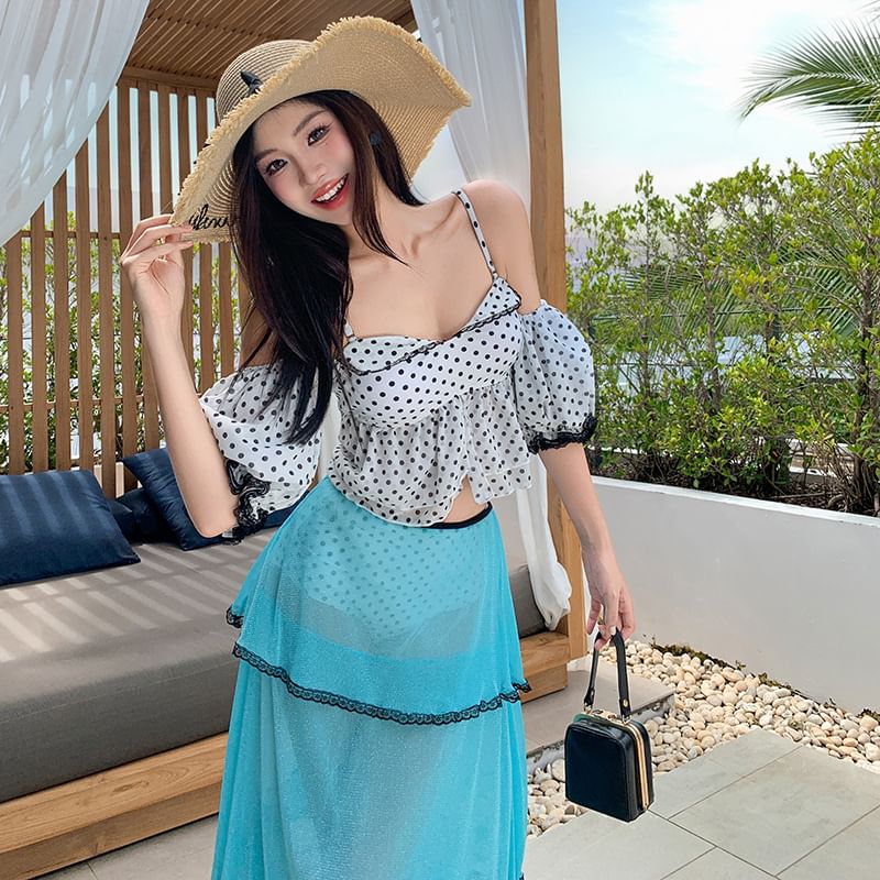 Set: Puff-Sleeve Tankini, Bikini Bottom, Lace Cover-Up