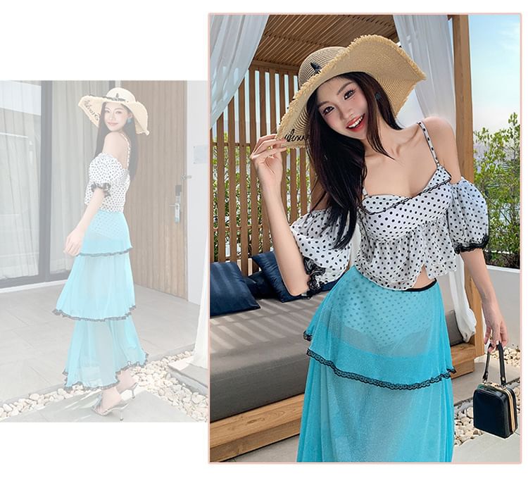 Set: Puff-Sleeve Tankini, Bikini Bottom, Lace Cover-Up