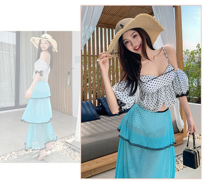 Set: Puff-Sleeve Tankini, Bikini Bottom, Lace Cover-Up