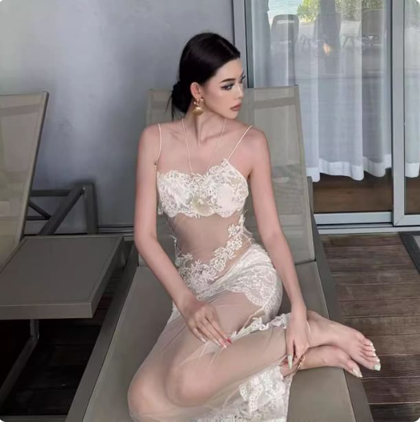 Halter Bikini Set with Lace Trim Mesh Mermaid Dress