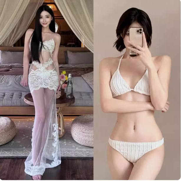 Halter Bikini Set with Lace Trim Mesh Mermaid Dress
