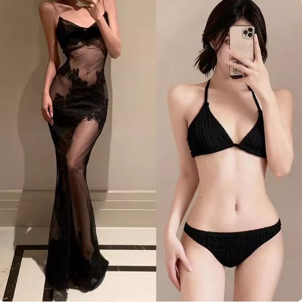 Halter Bikini Set with Lace Trim Mesh Mermaid Dress