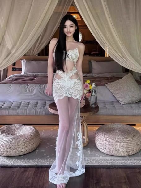 Halter Bikini Set with Lace Trim Mesh Mermaid Dress