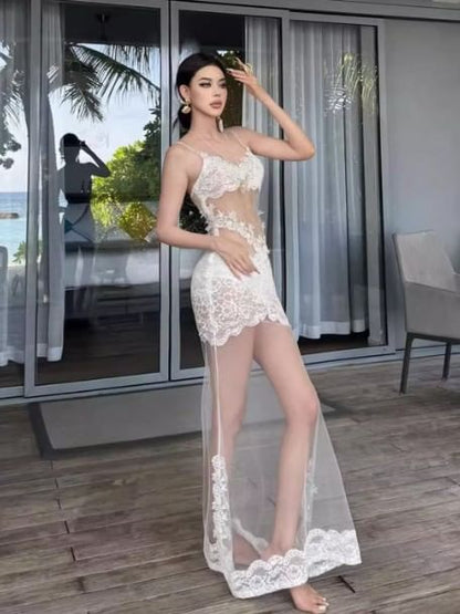 Halter Bikini Set with Lace Trim Mesh Mermaid Dress