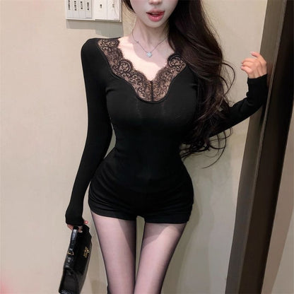 V-Neck Slim Fit Tee with Lace Panels
