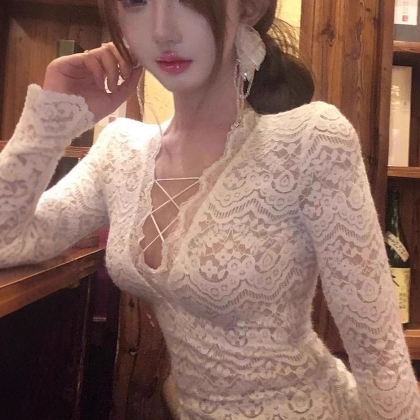 V-Neck Cutout Lace Crop Top with Long Sleeves