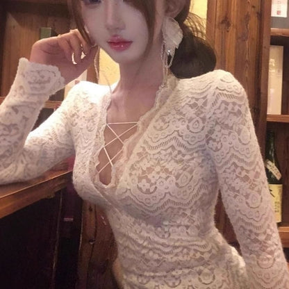 V-Neck Cutout Lace Crop Top with Long Sleeves