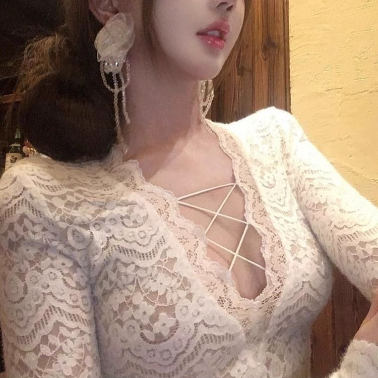 V-Neck Cutout Lace Crop Top with Long Sleeves