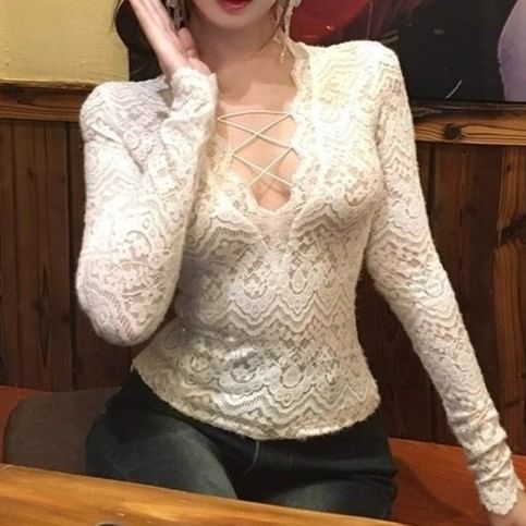 V-Neck Cutout Lace Crop Top with Long Sleeves