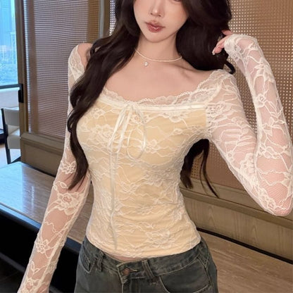 Square Neck Lace Crop Top with Long Sleeves