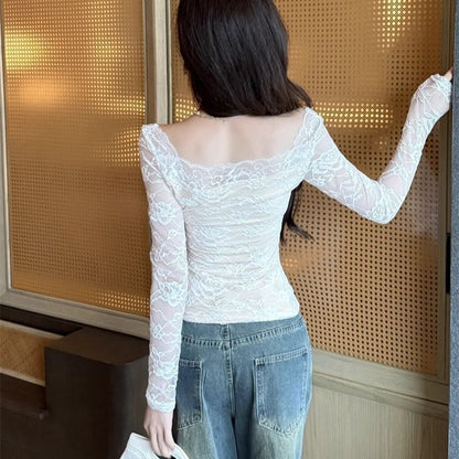 Square Neck Lace Crop Top with Long Sleeves