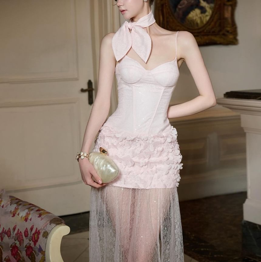 Spaghetti Strap Plain Lace Panel Maxi Sheath Dress