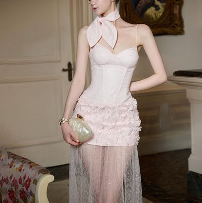 Spaghetti Strap Plain Lace Panel Maxi Sheath Dress