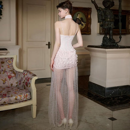 Spaghetti Strap Plain Lace Panel Maxi Sheath Dress