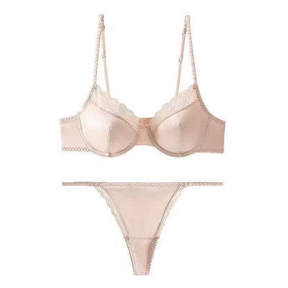 Lace Panel Satin Bra and Thong Set