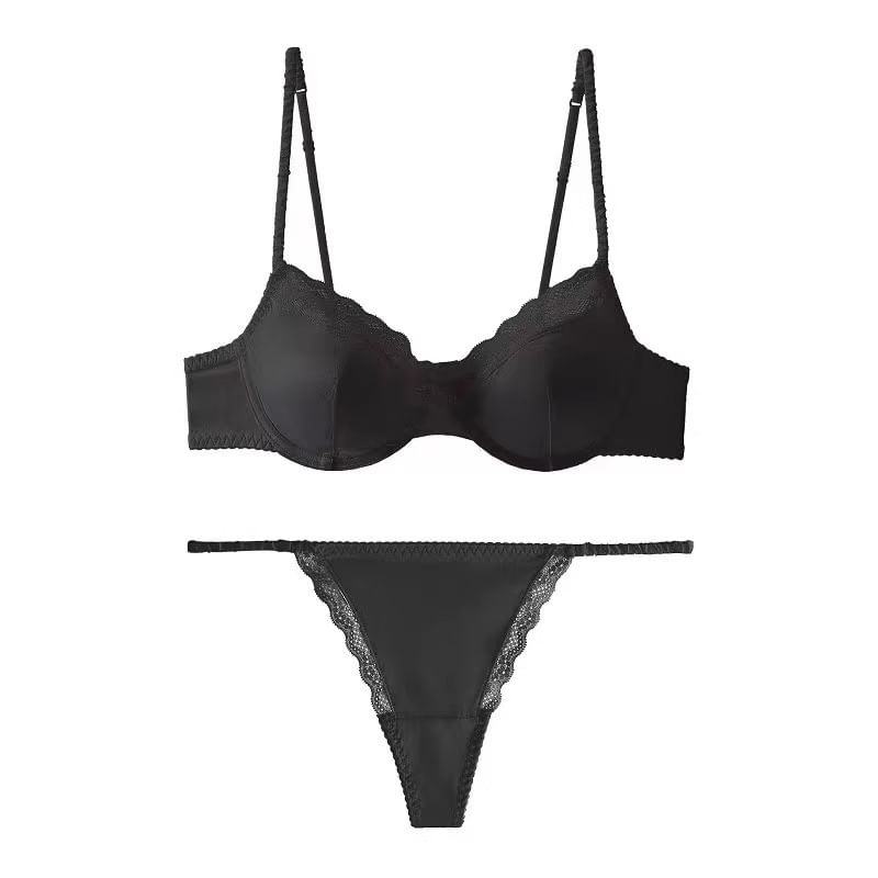 Lace Panel Satin Bra and Thong Set