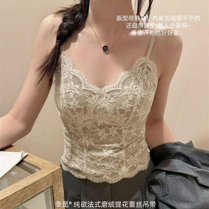 Padded Lace Crop Camisole with V-Neck