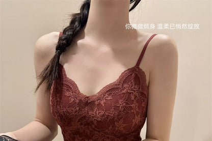 Padded Lace Crop Camisole with V-Neck