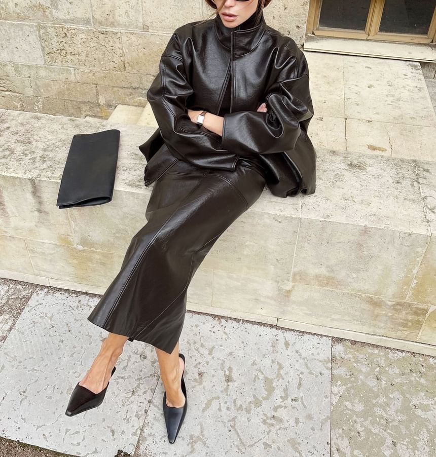 Faux Leather Midi Pencil Skirt with Panel Detail