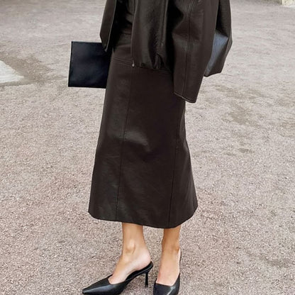Faux Leather Midi Pencil Skirt with Panel Detail