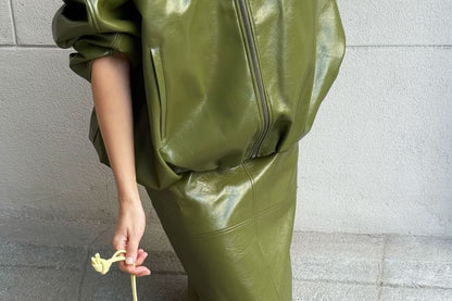 Faux Leather Midi Pencil Skirt with Panel Detail