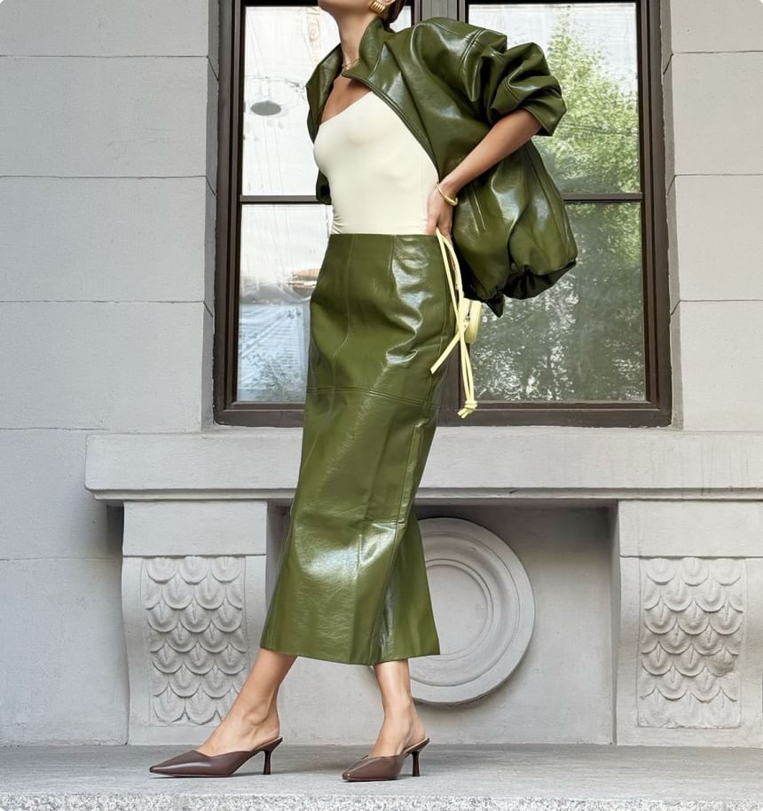Faux Leather Midi Pencil Skirt with Panel Detail