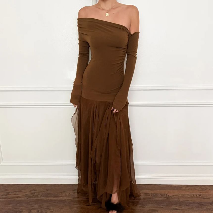 Long Sleeve Off Shoulder Plain Panel Mesh Maxi A-Line Dress
