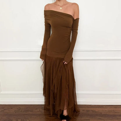 Long Sleeve Off Shoulder Plain Panel Mesh Maxi A-Line Dress