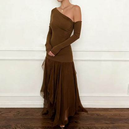 Long Sleeve Off Shoulder Plain Panel Mesh Maxi A-Line Dress