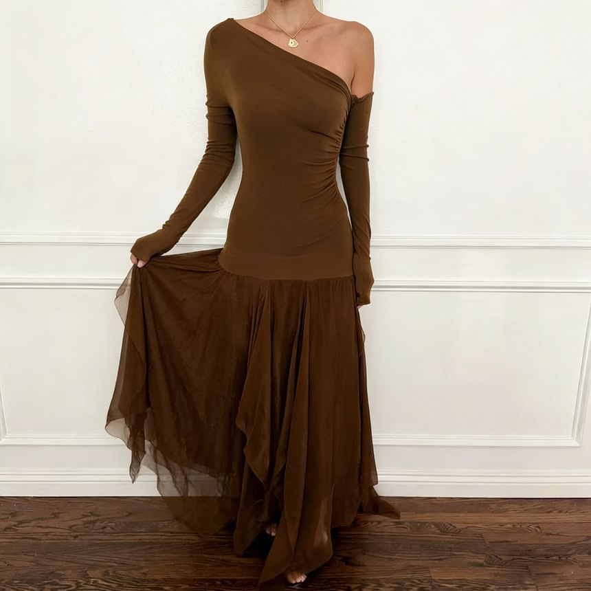 Long Sleeve Off Shoulder Plain Panel Mesh Maxi A-Line Dress