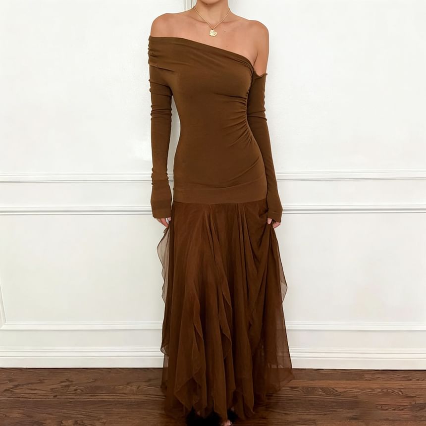 Long Sleeve Off Shoulder Plain Panel Mesh Maxi A-Line Dress