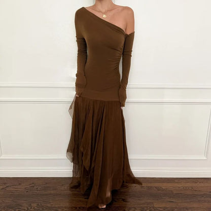 Long Sleeve Off Shoulder Plain Panel Mesh Maxi A-Line Dress