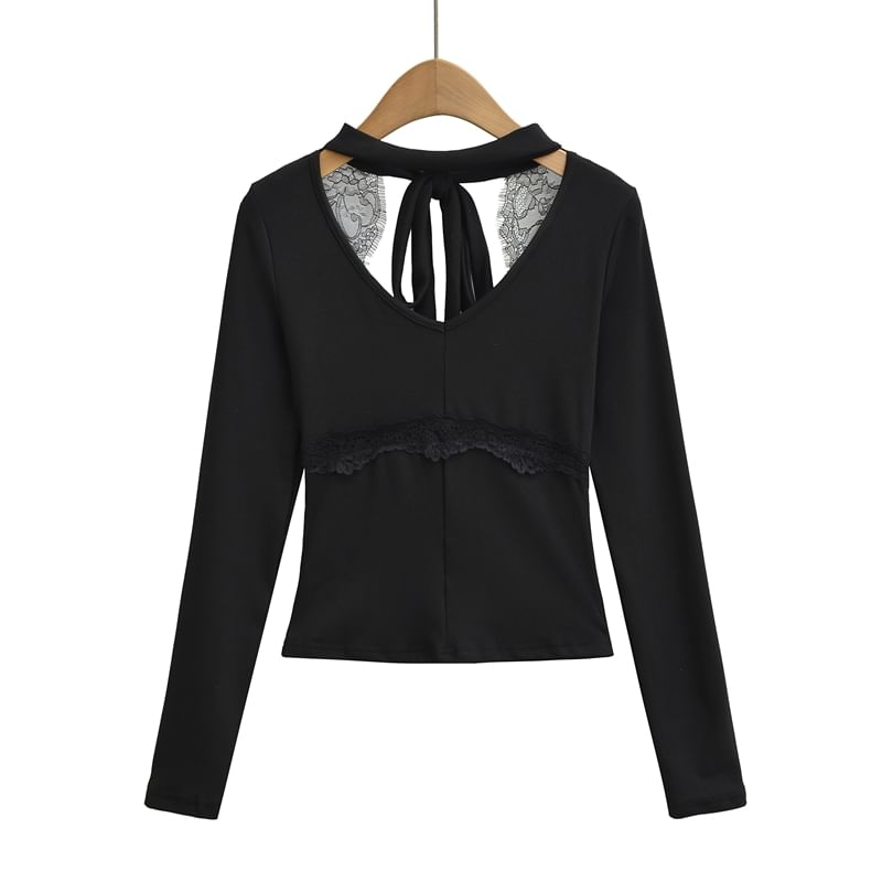 Long Sleeve V-Neck Plain Cutout Tie Back Panel Lace Top