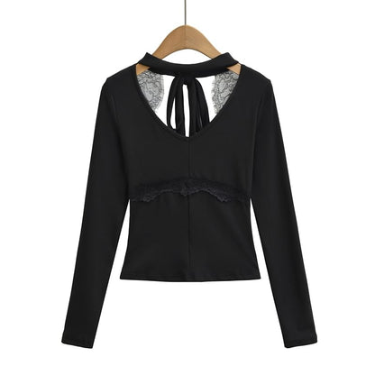Long Sleeve V-Neck Plain Cutout Tie Back Panel Lace Top