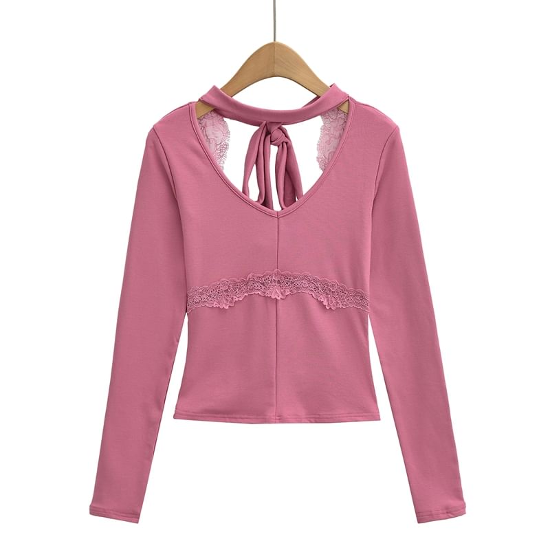 Long Sleeve V-Neck Plain Cutout Tie Back Panel Lace Top