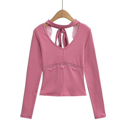 Long Sleeve V-Neck Plain Cutout Tie Back Panel Lace Top