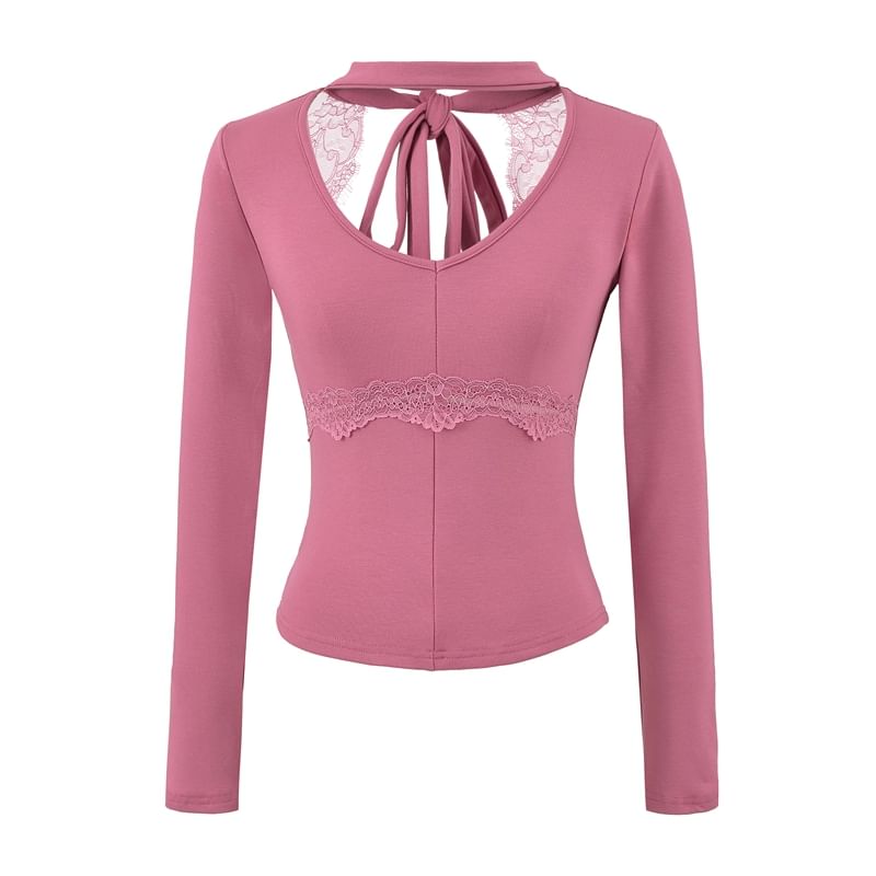 Long Sleeve V-Neck Plain Cutout Tie Back Panel Lace Top