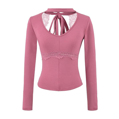 Long Sleeve V-Neck Plain Cutout Tie Back Panel Lace Top