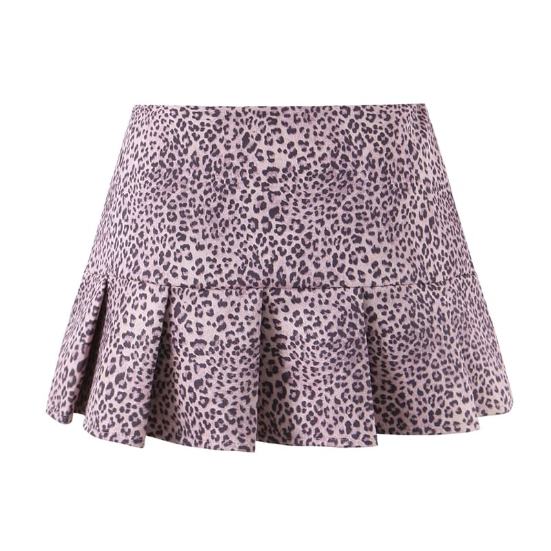 Leopard Print Pleated High Waist Mini A-Line Skirt