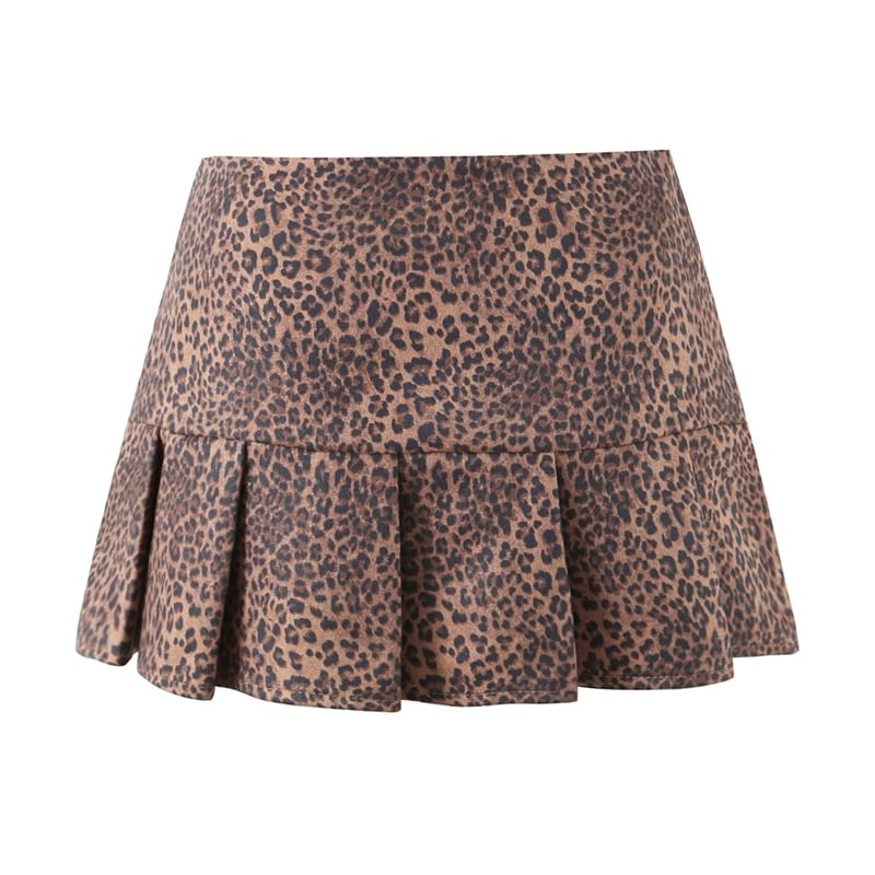 Leopard Print Pleated High Waist Mini A-Line Skirt