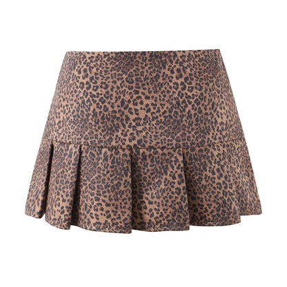 Leopard Print Pleated High Waist Mini A-Line Skirt