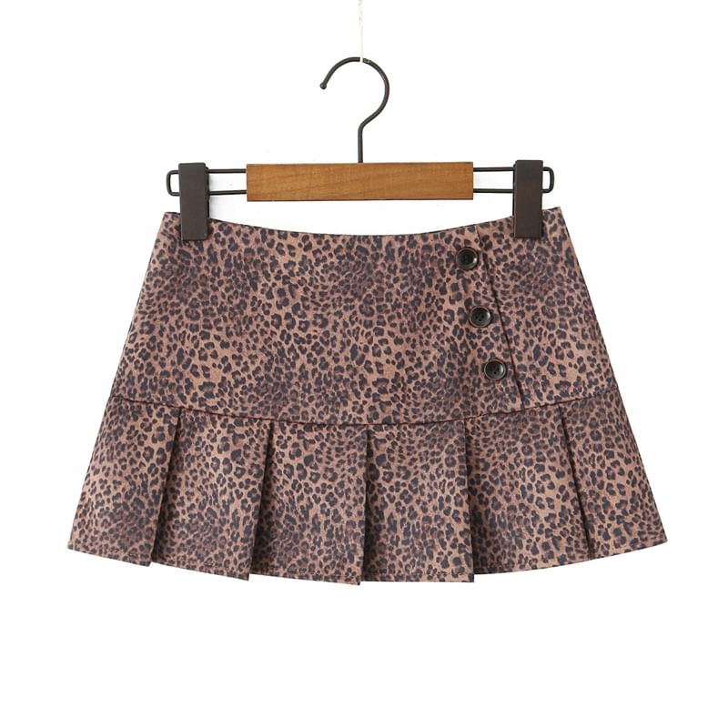 Leopard Print Pleated High Waist Mini A-Line Skirt