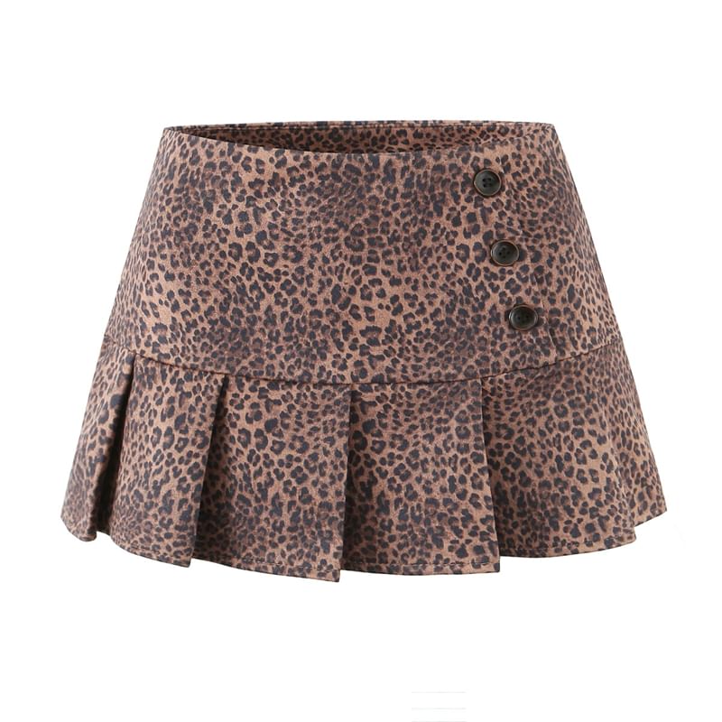 Leopard Print Pleated High Waist Mini A-Line Skirt