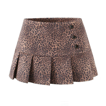 Leopard Print Pleated High Waist Mini A-Line Skirt